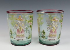 Pair Blown Enameled Glass Tumbler Cup Figures Fruit Rose German Venetian Antique