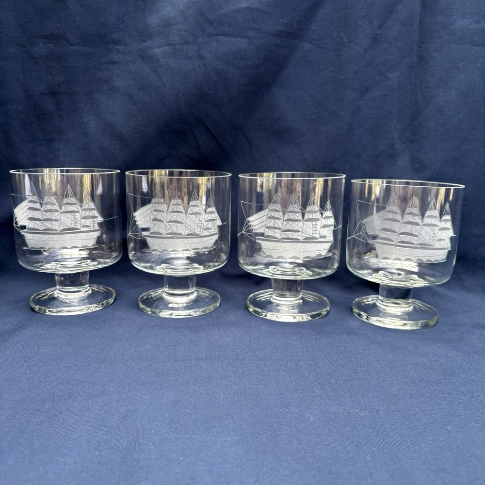 4 Toscany Romania Clipper Ship Etched Crystal Barrel Footed Whiskey Glasses 4.25