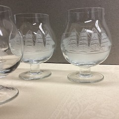 4 etched Clear Nautical vintage clipper ship glasses Burgundy apéritif￼