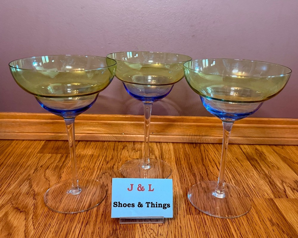 Vintage Circleware Set Of 3 Margarita Glasses Ombre Green to Blue EUC