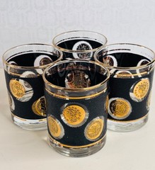 VTG 60’S MID CENTURY LIBBEY BLACK&GOLD EMBOSSED COIN WHISKY 4- 12OZ ROCK GLASSES