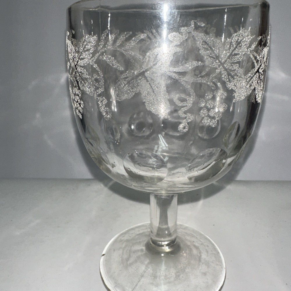 One Vintage Bartlett Collins ETCHED GRAPE LEAF THUMBPRINT Goblet Glass 16 Oz G1