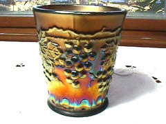 «GRAPE & CABLE» 2 3/4″ 3 .OZ SHOT GLASS AMETHYST CARNIVAL GLASS BY: NORTHWOOD