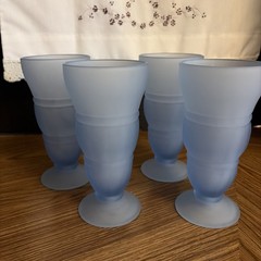 4 Blue Satin Frosted Indiana Glass Ice Cream/ Footed Milk Shake Tumblers 14oz