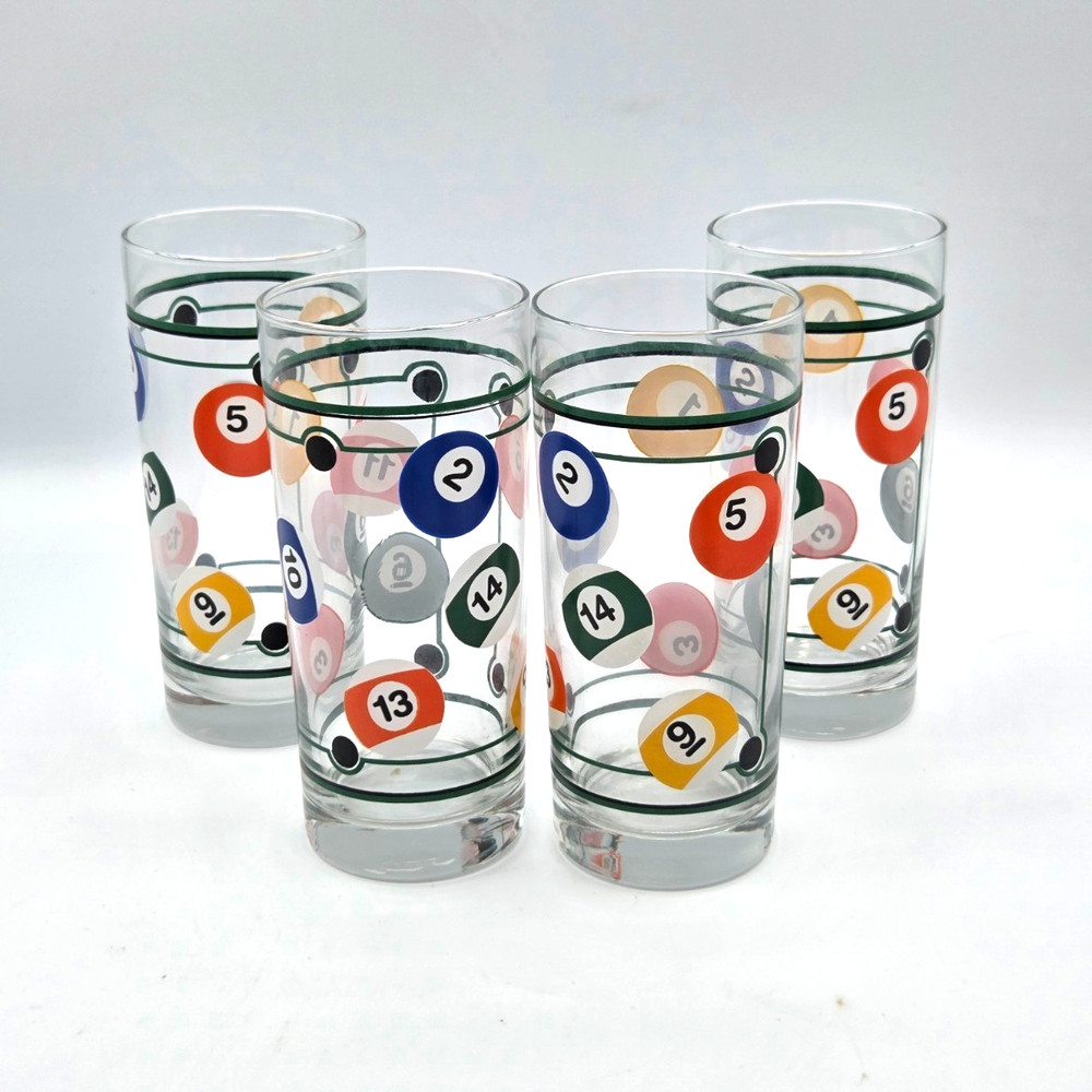 VINTAGE Billiard Pool Ball Tall Glasses 16 oz Glassware Bar Retro Set of 4
