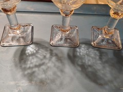 3 Vintage Libbey Rock Crystal Goblets With Square Bases And Etched Patterns