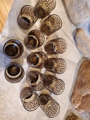 Vintage Amber Etched Floral Art Glass Drinking Glass 4.75”H – large set of 13