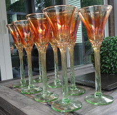 Lot 8 Signed Rick Strini Studio Art Glass Tulip Wine Goblets Marigold Iridescent