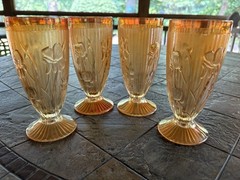 4 Jeanette Glass Iridescent Marigold Iris & Herringbone 6″ Footed Tumblers