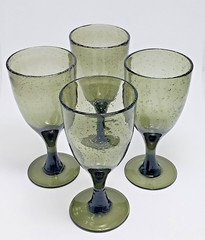 Hand Blown Seeded Bubble Wine Glasses Solid Avocado Green Water Goblets Set Of 4