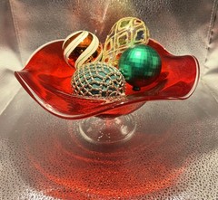Ruby Red Glass Footed Pedestal Ruffled Edge Bowl 9”x4.5”