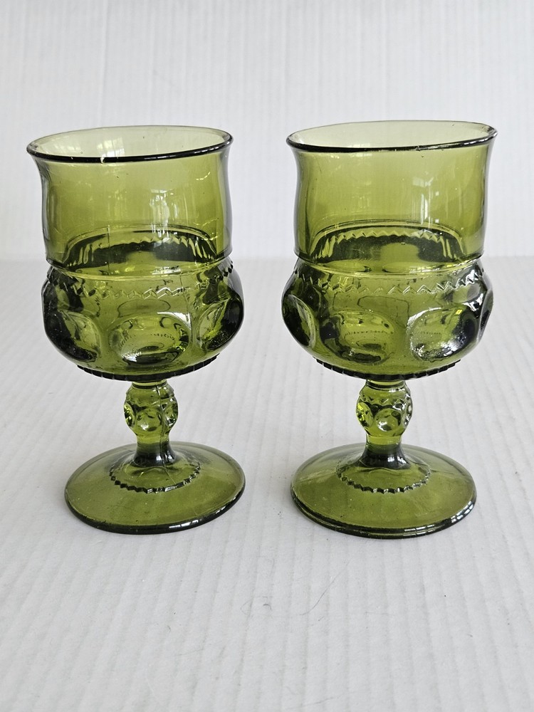 Set/2 Indiana Glass Co King’s Crown Thumbprint Olive Green 5 3/4″ Water Goblets