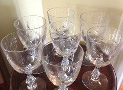 Vintage Set 7 Wheel Cut Crystal Stemware 6 7/8″T Water Wine Goblets Fostoria?