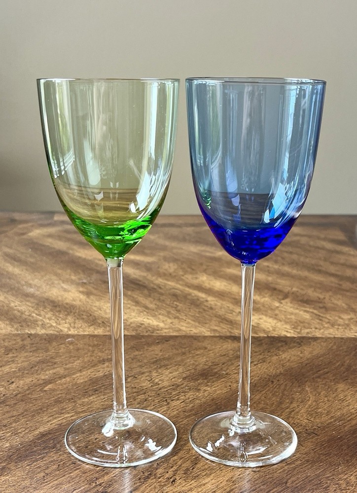 Lenox GEMS Green & Blue Wine Glasses Fine Crystal Jewel Tone Tall Stem Set Of 2