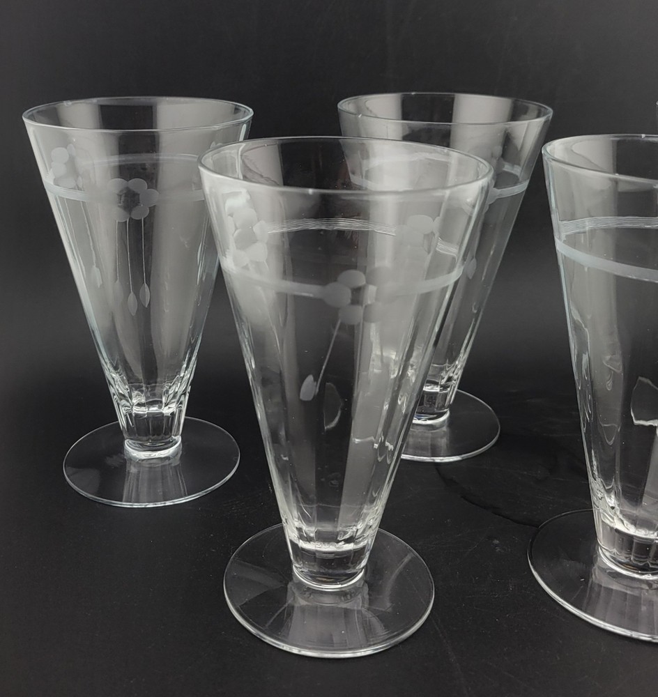 Set of 4 Vintage Etched Crystal Footed Tumblers Glasses with Floral Design