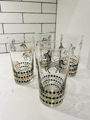 Set Of 4 MCM Clear Glass Tumbler Glasses With Black And Gold Horses Mid Century