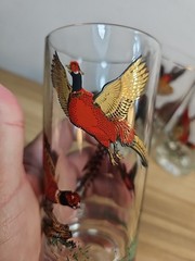 Vintage MCM Red Gold Ringneck Pheasant Tall Barware Glasses Set of 3