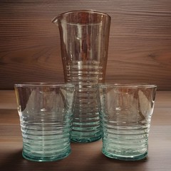 Vintage Spanish Ribbed Green Glass Cocktail Pitcher & 2 Cocktail Glasses