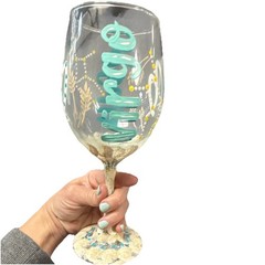 Decorative Hand-Painted Virgo Wine Glass Gold Turquoise Blue Polka Dots