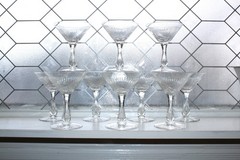 10 Vintage Art Deco Seneca Champagne Glasses Cut Rays w/ Faceted Bubble Stem
