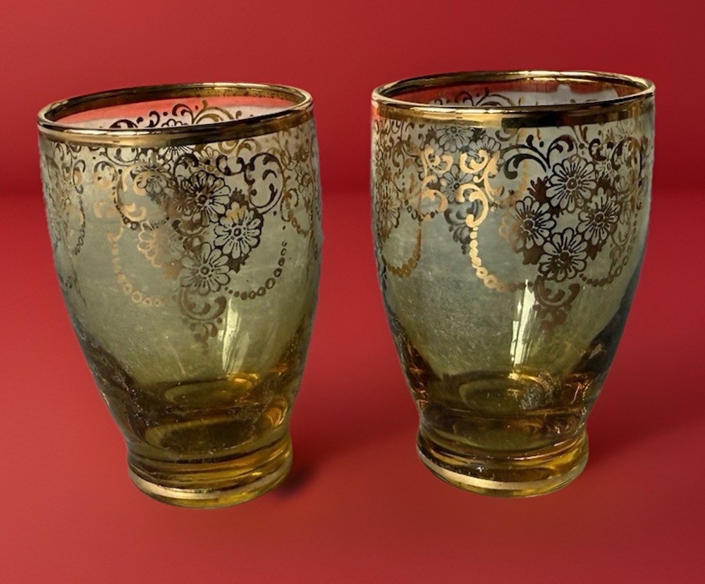 2 Laguna Venezia Murano Shot Glasses Gilding Embellishment Amber Yellow Vintage