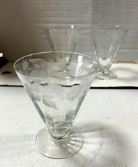 Vintage 3 Crystal Etched Flower Cocktail Glasses, has a Green Manganese Glow