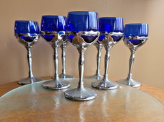 Farber Bros Krome Kraft Art Deco 7 Goblets Cobalt Cambridge Glass Inserts 5 3/4″