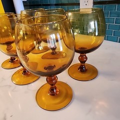6 Vtg MCM Hand Blown Amber Glass Goblets Seamless Balloon Wine Water Glasses