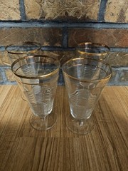 Lot of 4 Vintage Gold Rim Ribbed Glasses Glass Clear Ice Cream Kitchen Drinking