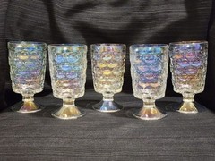 Vtg Federal Glass Colonial Thumbprint Iridescent Glass Water Goblets Set Of 5