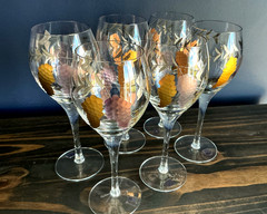 Romanian Hand Etched/Painted Wine Glasses Set/6 Vtg Grape Vine Gold Accents NWT!