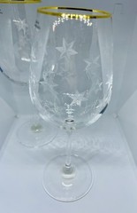 2 Vintage Etched Glass Atomic Star Burst Wine Glasses MCM Czech Gold Tone Trim