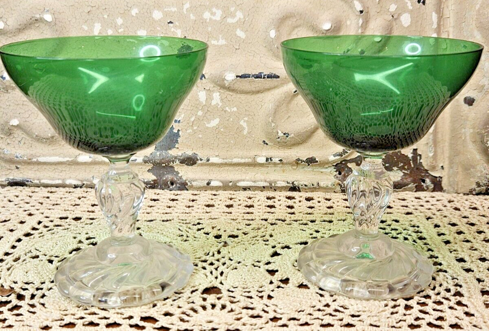 Set of 2 Fostoria Colonial Dame Cocktail Liquor Glasses Green Bowl Clear Stem