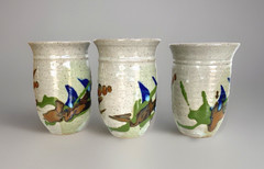 Set of 3 Studio Art Stoneware Pottery Tumblers/Glasses, 5-3/4″ Tall, Signed