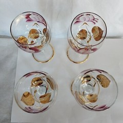 4 Vtg Bohemian Crystal Wine Cordial Glasses Hand Painted Pink & 22K Gold Trim