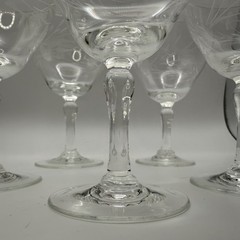 5 Champagne Etched Floral Wine Glasses Goblets Coupe Crystal Stemware Vtg Bar