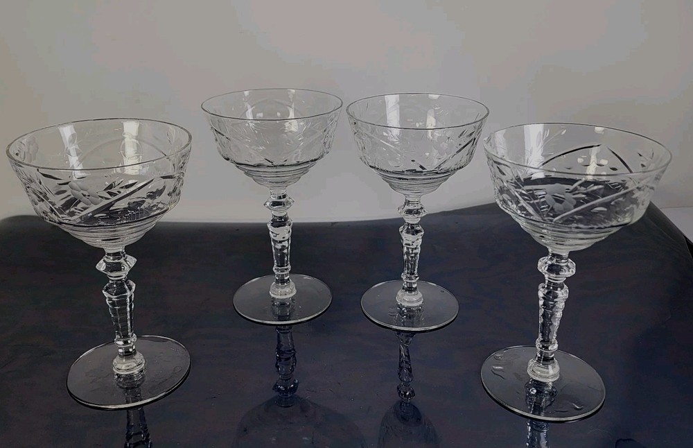 Vintage Libbey Rock Sharpe Floral Etched Champagne/Sherbert Glass Set 4 Stemware
