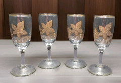 Set of 4 Libbey Clear Gold Leaf Stemmed Petite Cordial Glasses MCM Not Frosted