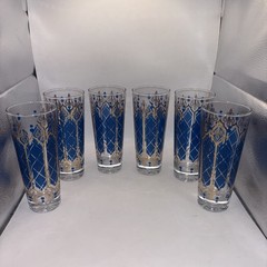 6 MCM Anchor Hocking Royal Blue & GoldFleur-De-Lis Tapered Flat Iced Tea Glasses