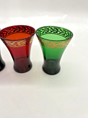 Bohemian Shot Glass Set Of 4 Cordial Glasses Jewel Tones, Accent Gold Border 3″H