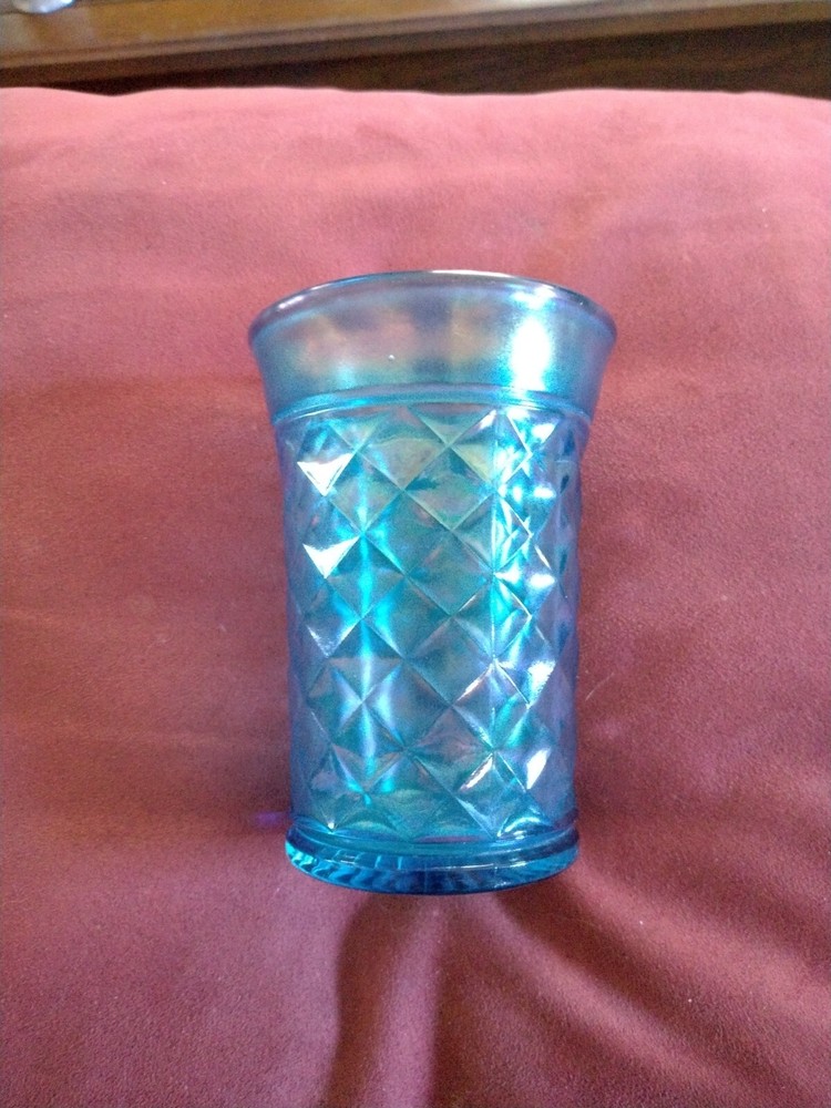Northwood Celeste Blue Concave Diamond Tumbler 4 1/2″ Carnival Glass 8oz Juice