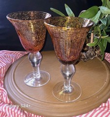 Vintage Amber Ruby Cased Art Glass Goblets Pair Controlled Bubble Hand Blown 8.5