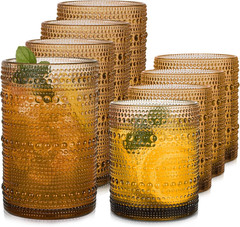 Amber Hobnail Drinking Glasses Set of 8, 15 Oz Vintage Highball Glassess & 12 Oz