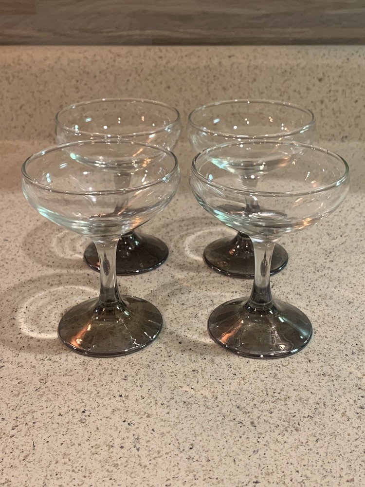 Set of 4 Clear Glass Champagne/Cocktail Glasses w/ Smokey Gray Bases, 4.5″ Tall