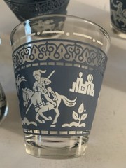 MCM Hazel Atlas Glasses Double Shot Set Of 6 Arabian Knights Wedgwood Blue White
