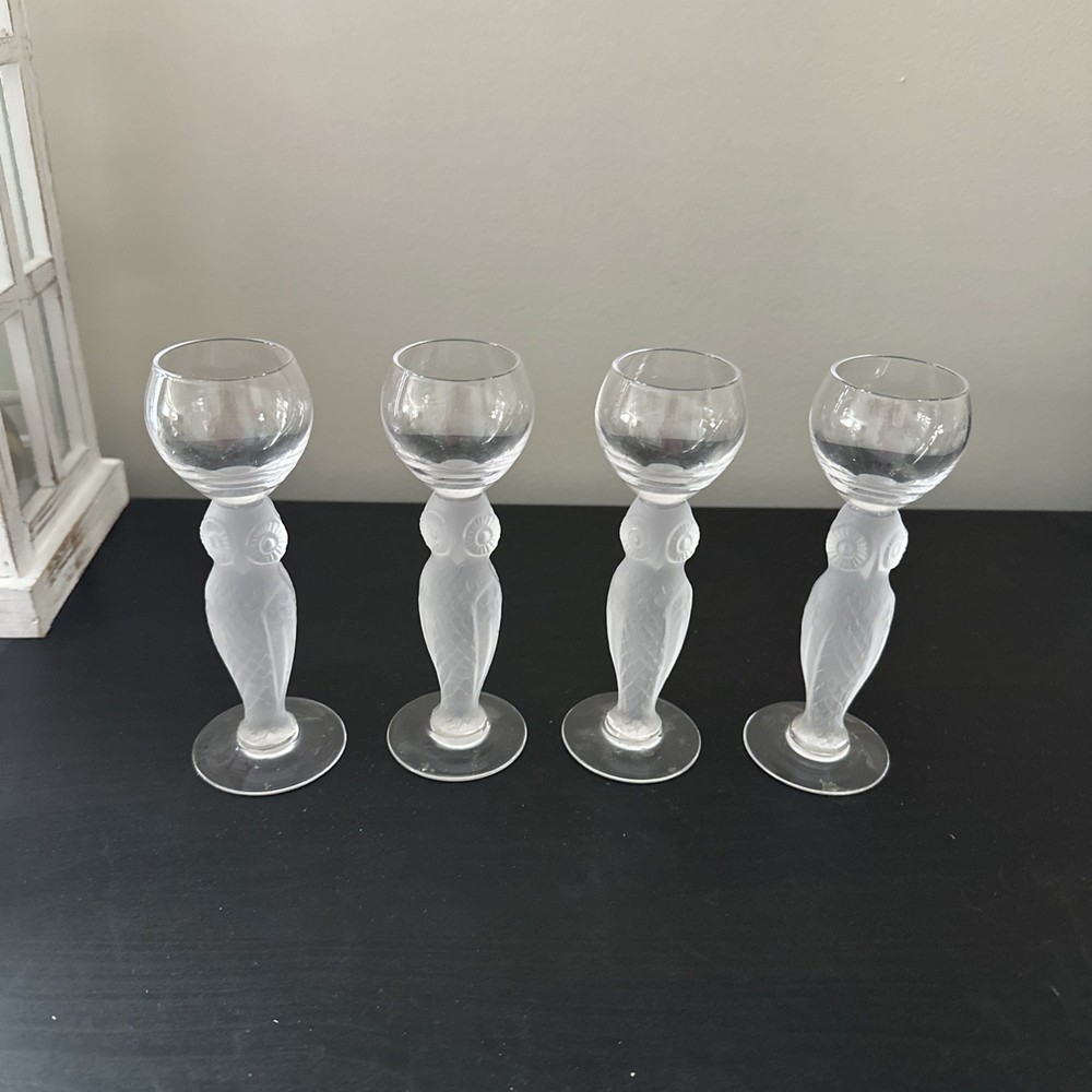 Bayel France 5 3/4″ French Crystal Frost OWL Stem Cordial Set Of 4 Glasses