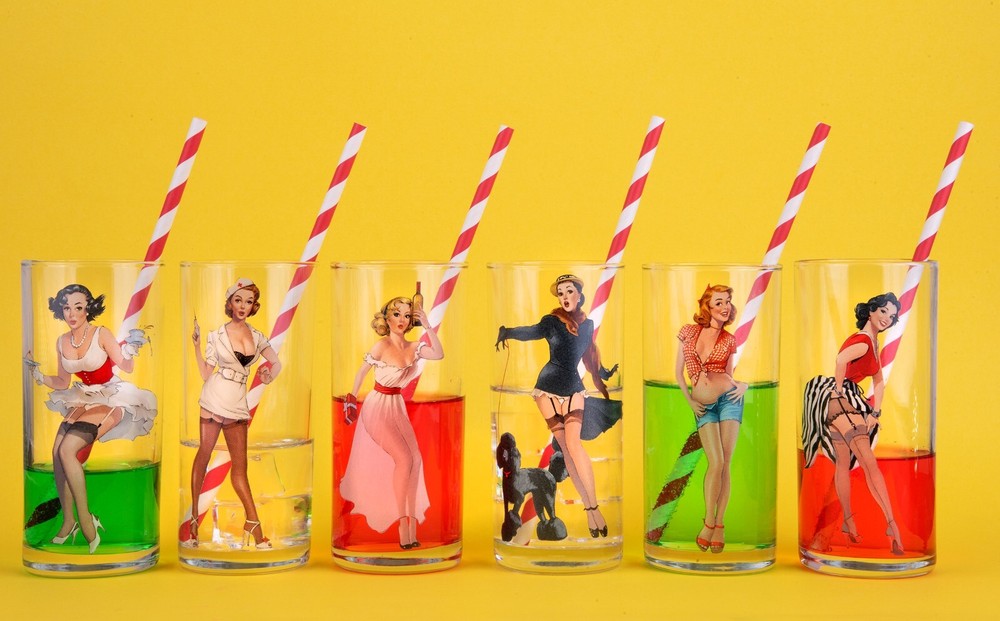 SET OF 6 Pin-Up Girls Tall Drinking Highball Tumbler Pop Art Glasses 6×10 oz
