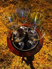 Five Beautifully Clear Iridescent Glasses For Wine, Juice Or Water Available.