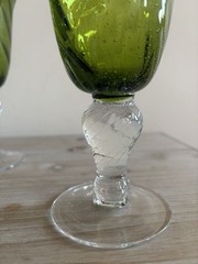 Pier 1 Green Mouth/Blown Glass Goblets, Bubbles and Swirl Pattern, Set Of 3