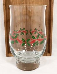 Libbey HOLLY BERRY & RED RIBBON Gold Rim Tulip Tumbler Xmas 14 oz 5 1/4″ Vtg EUC